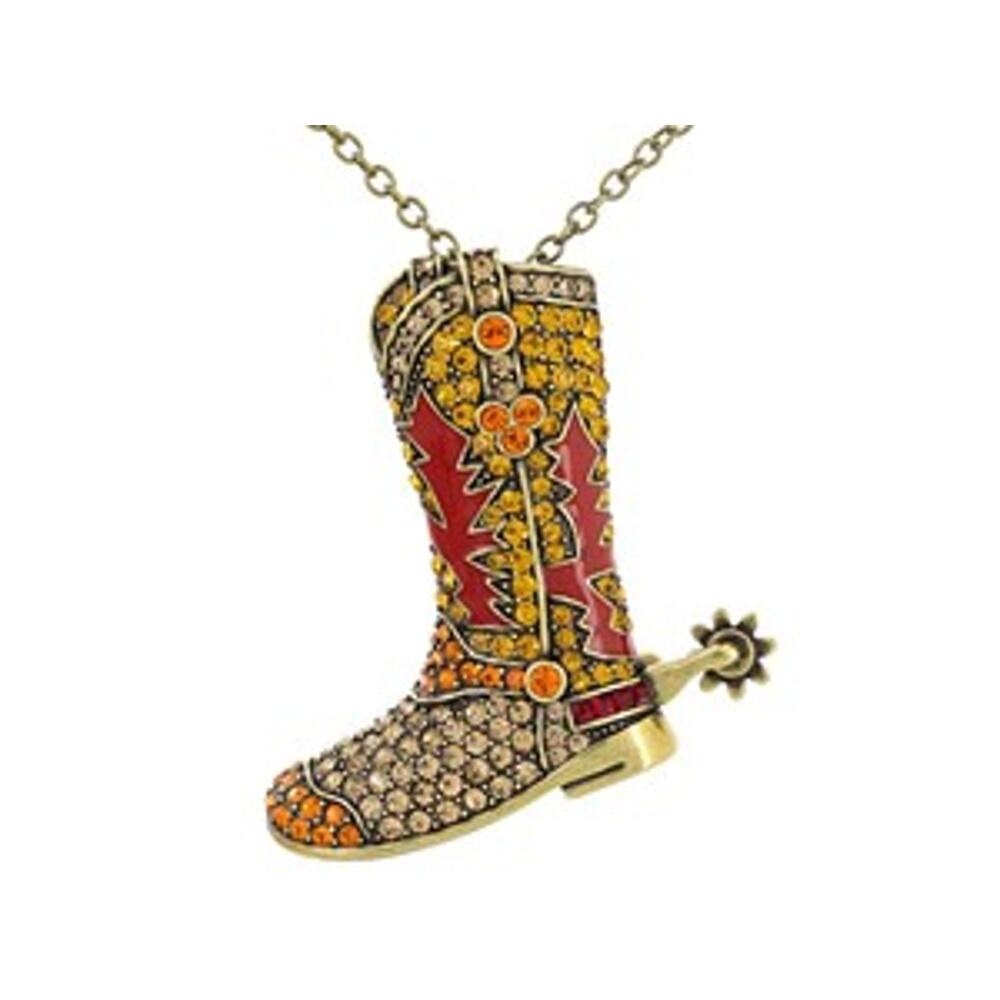 MultiColor Crystal Red Enamel Cowgirl Boot Brooch & Pendant 24"